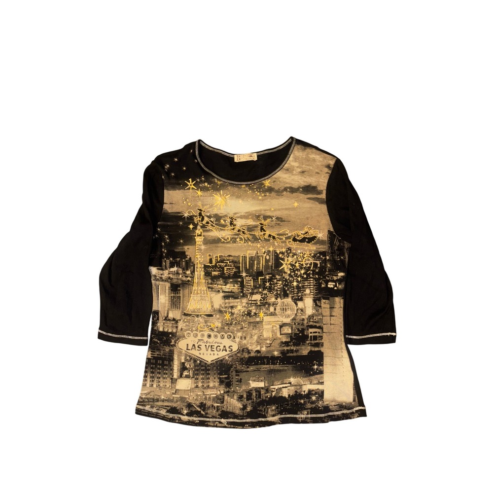 Blue Canyon Las Vegas Holiday Top PL Black Gold Glitter Santa Sleigh Y2K